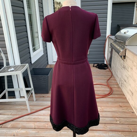 Vintage 60s Burgundy Black Faux Fur Trim 2 Pc Belted Dress Cropped Blazer Set - Picture 5 of 16